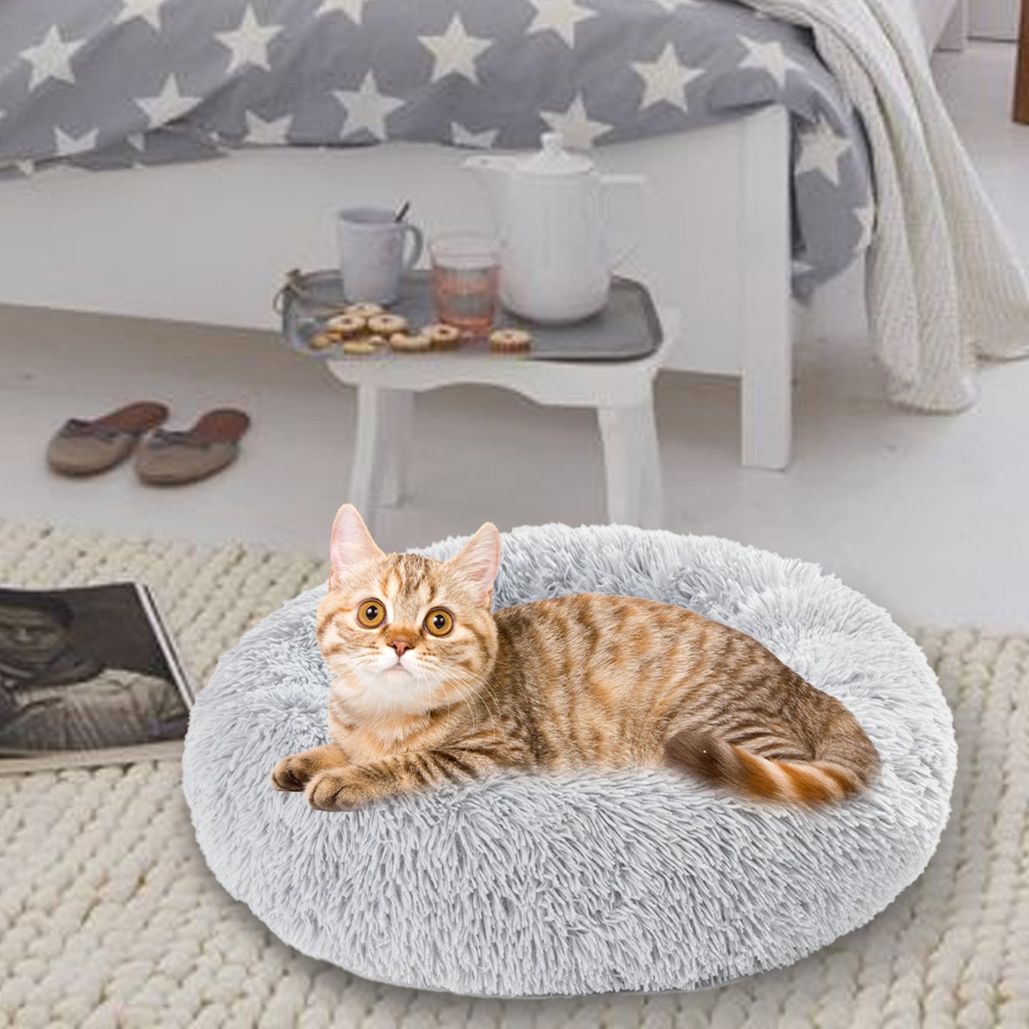 Fluffy Donut Dog / Cat Bed. Warm Soft Long Plush Pet Cushion